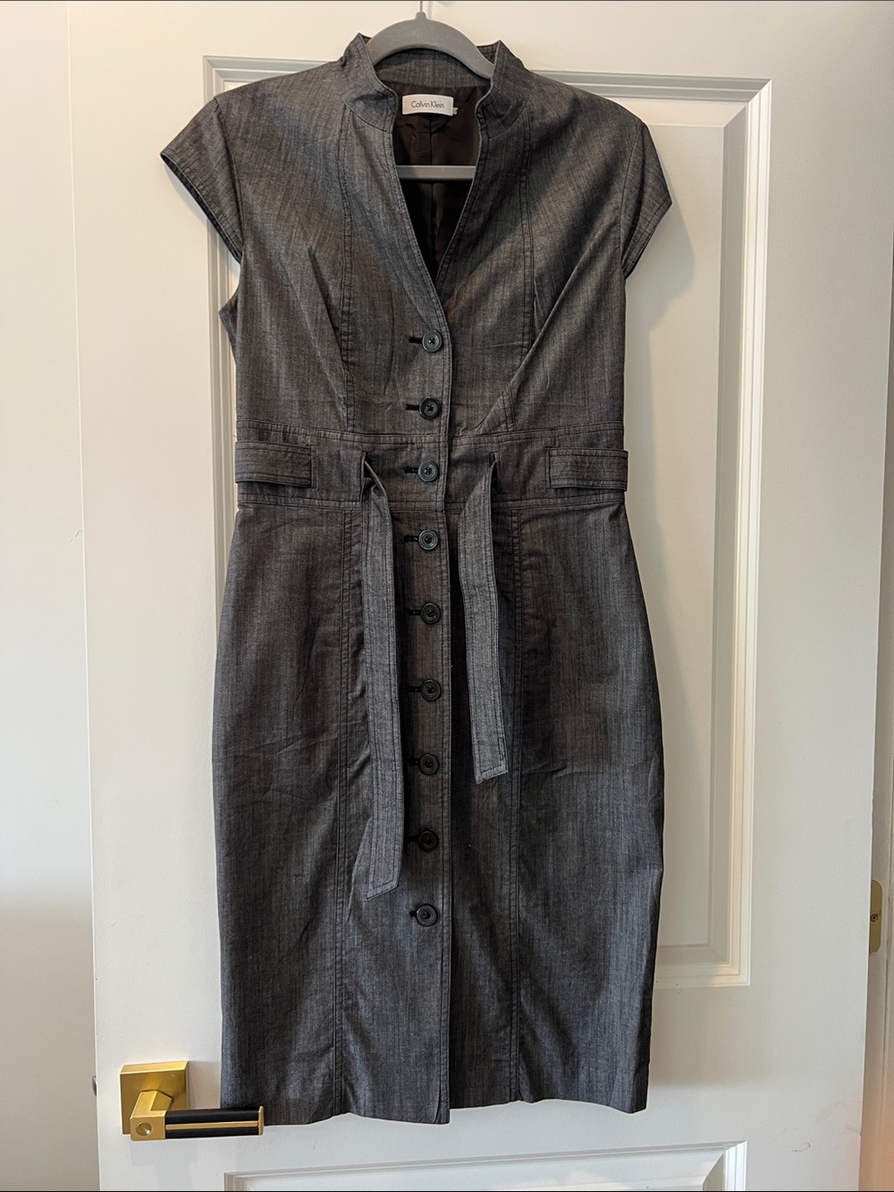 Calvin Klein Dark Gray Button-Front Sheath Dress with Self-Tie Waist